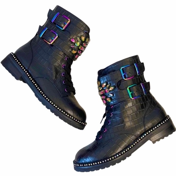Kurt Geiger Stoop Rainbow Crystal Combat Boots in Black Leather Size 37 - Picture 12 of 12